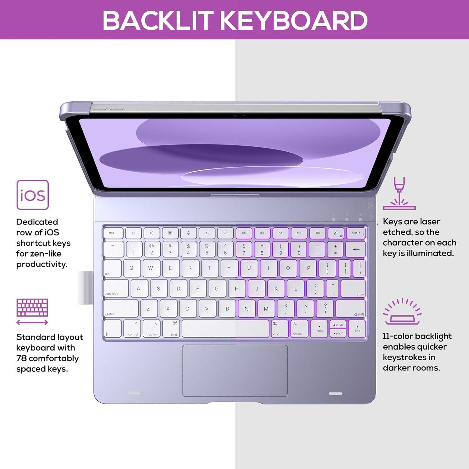 image:imagetypecase Touch iPad 11th 10th Generation Case with Keyboard 11 2025 A16 amp 109 2022  360 Rotatable 11Color Backlit MultiTouch Trackpad Pencil Holder Thin amp Light  Black Light Purple