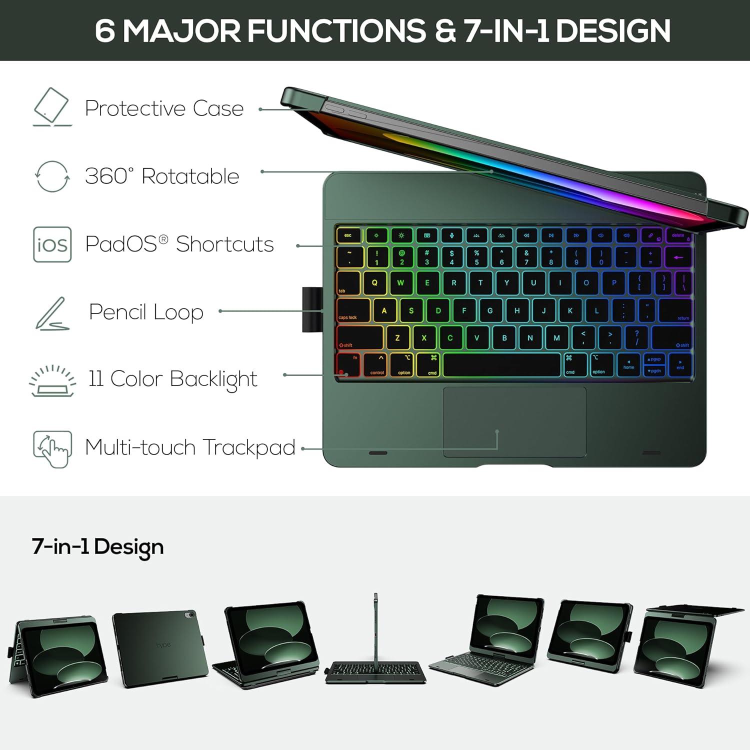 image:imagetypecase Touch iPad 11th 10th Generation Case with Keyboard 11 2025 A16 amp 109 2022  360 Rotatable 11Color Backlit MultiTouch Trackpad Pencil Holder Thin amp Light  Black Dark Midnight Green