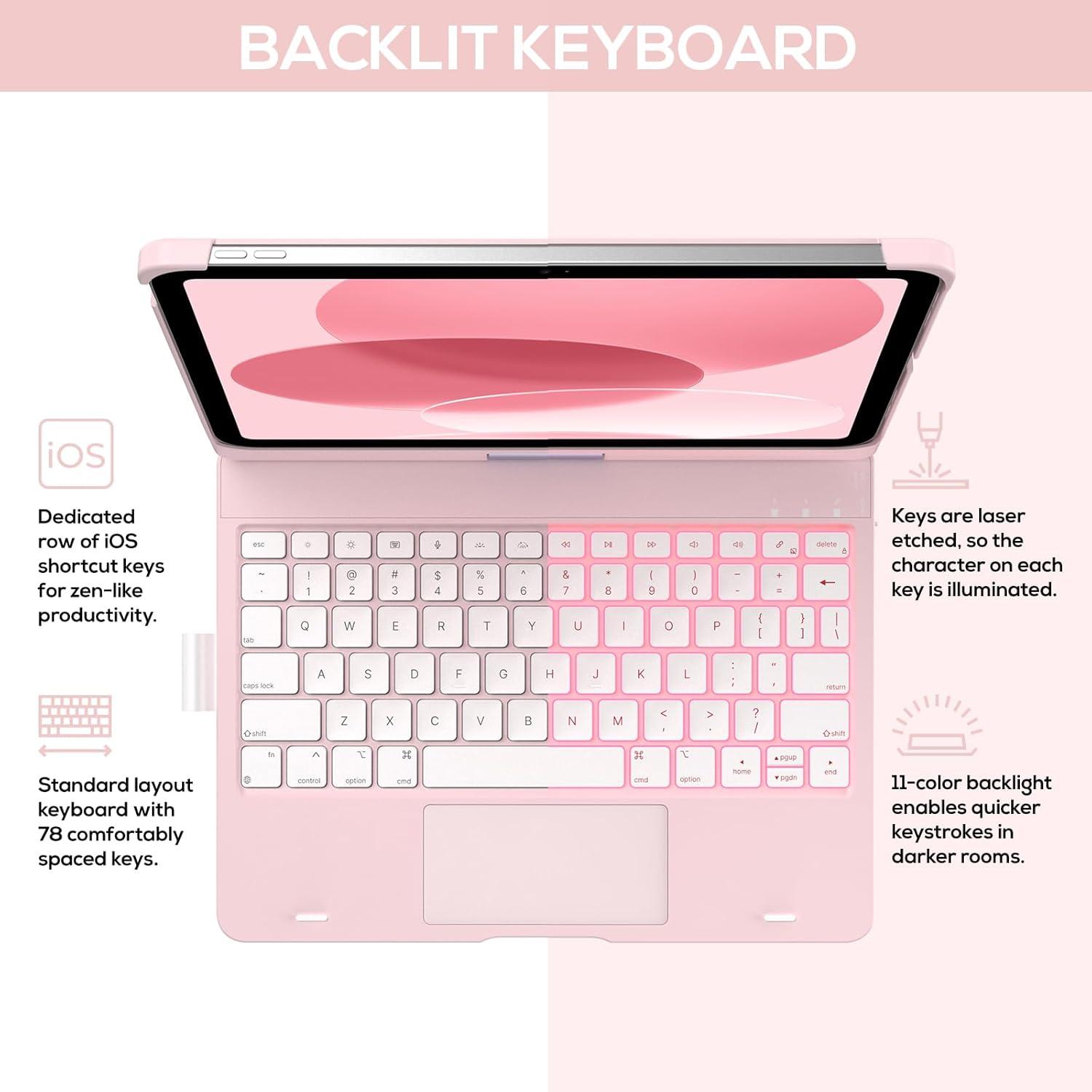 image:imagetypecase Touch iPad 11th 10th Generation Case with Keyboard 11 2025 A16 amp 109 2022  360 Rotatable 11Color Backlit MultiTouch Trackpad Pencil Holder Thin amp Light  BlackLight Pink