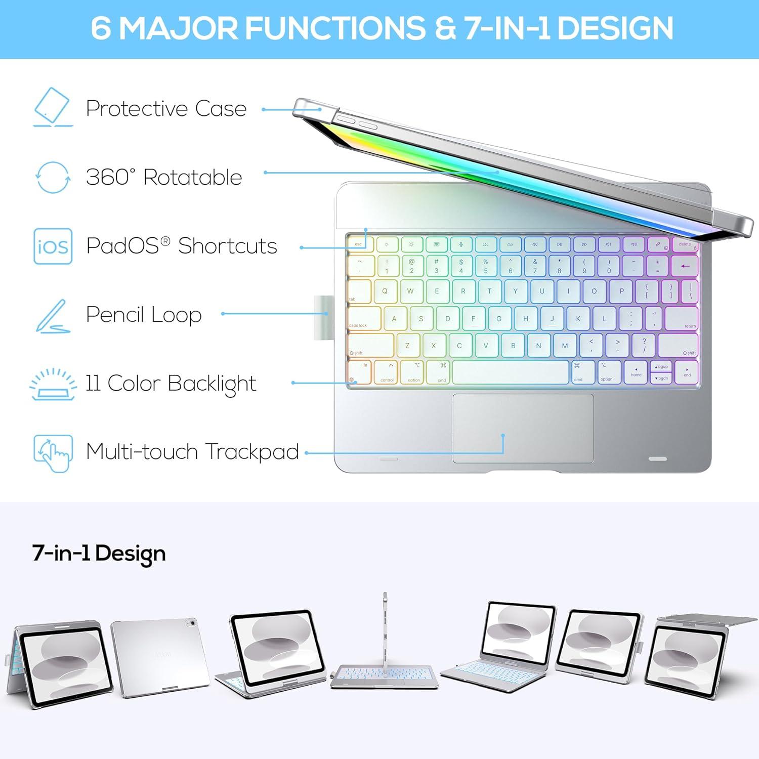 image:imagetypecase Touch iPad 11th 10th Generation Case with Keyboard 11 2025 A16 amp 109 2022  360 Rotatable 11Color Backlit MultiTouch Trackpad Pencil Holder Thin amp Light  BlackSilver