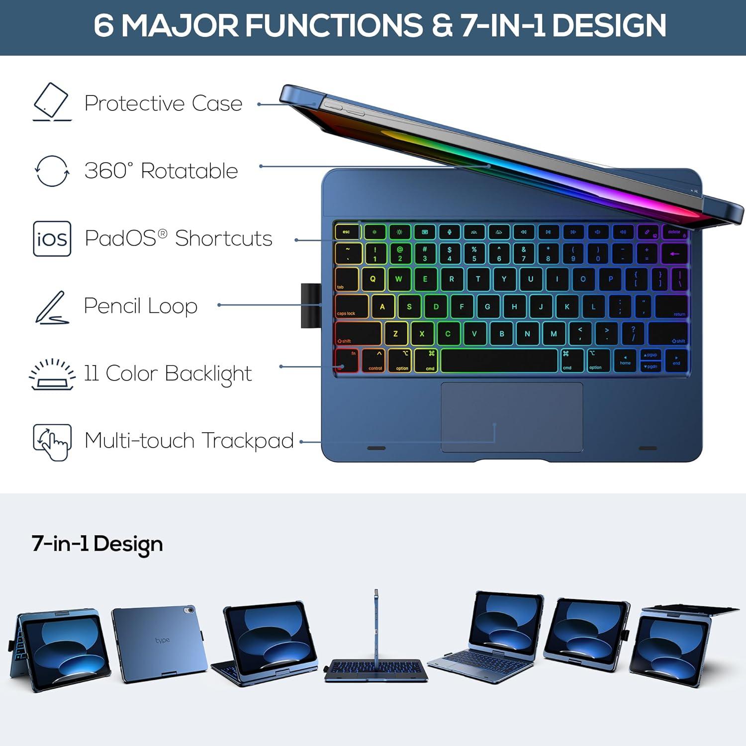 image:imagetypecase Touch iPad 11th 10th Generation Case with Keyboard 11 2025 A16 amp 109 2022  360 Rotatable 11Color Backlit MultiTouch Trackpad Pencil Holder Thin amp Light  BlackMidnight Blue
