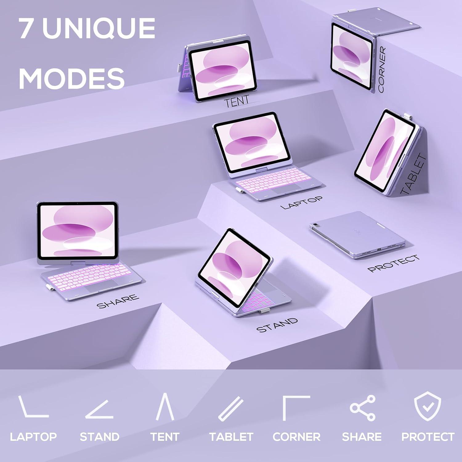 image:imagetypecase Touch iPad 11th 10th Generation Case with Keyboard 11 2025 A16 amp 109 2022  360 Rotatable 11Color Backlit MultiTouch Trackpad Pencil Holder Thin amp Light  Black Light Purple