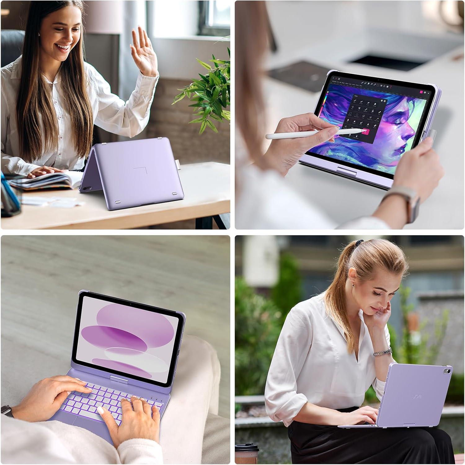 image:imagetypecase Touch iPad 11th 10th Generation Case with Keyboard 11 2025 A16 amp 109 2022  360 Rotatable 11Color Backlit MultiTouch Trackpad Pencil Holder Thin amp Light  Black Light Purple