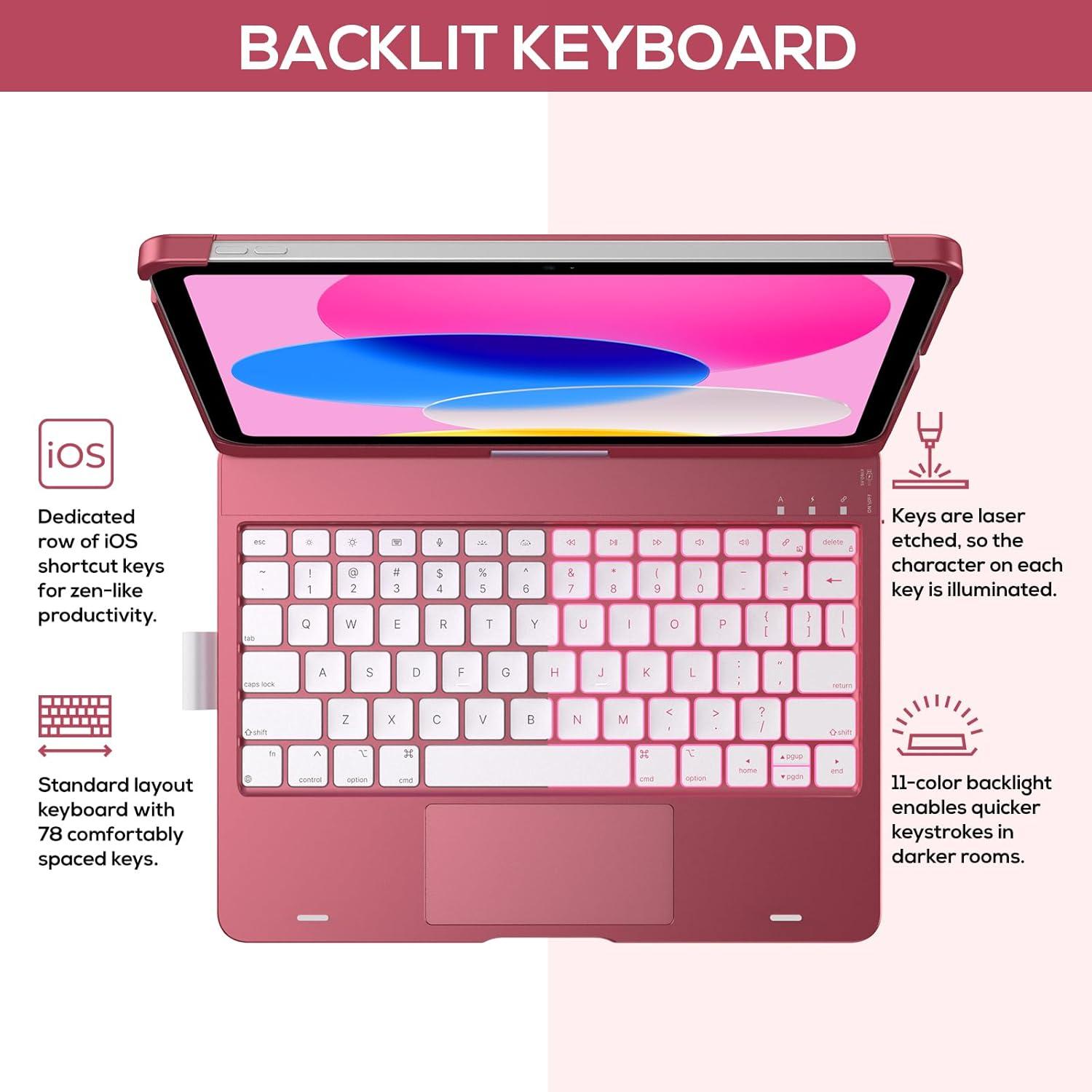 image:imagetypecase Touch iPad 11th 10th Generation Case with Keyboard 11 2025 A16 amp 109 2022  360 Rotatable 11Color Backlit MultiTouch Trackpad Pencil Holder Thin amp Light  BlackPink