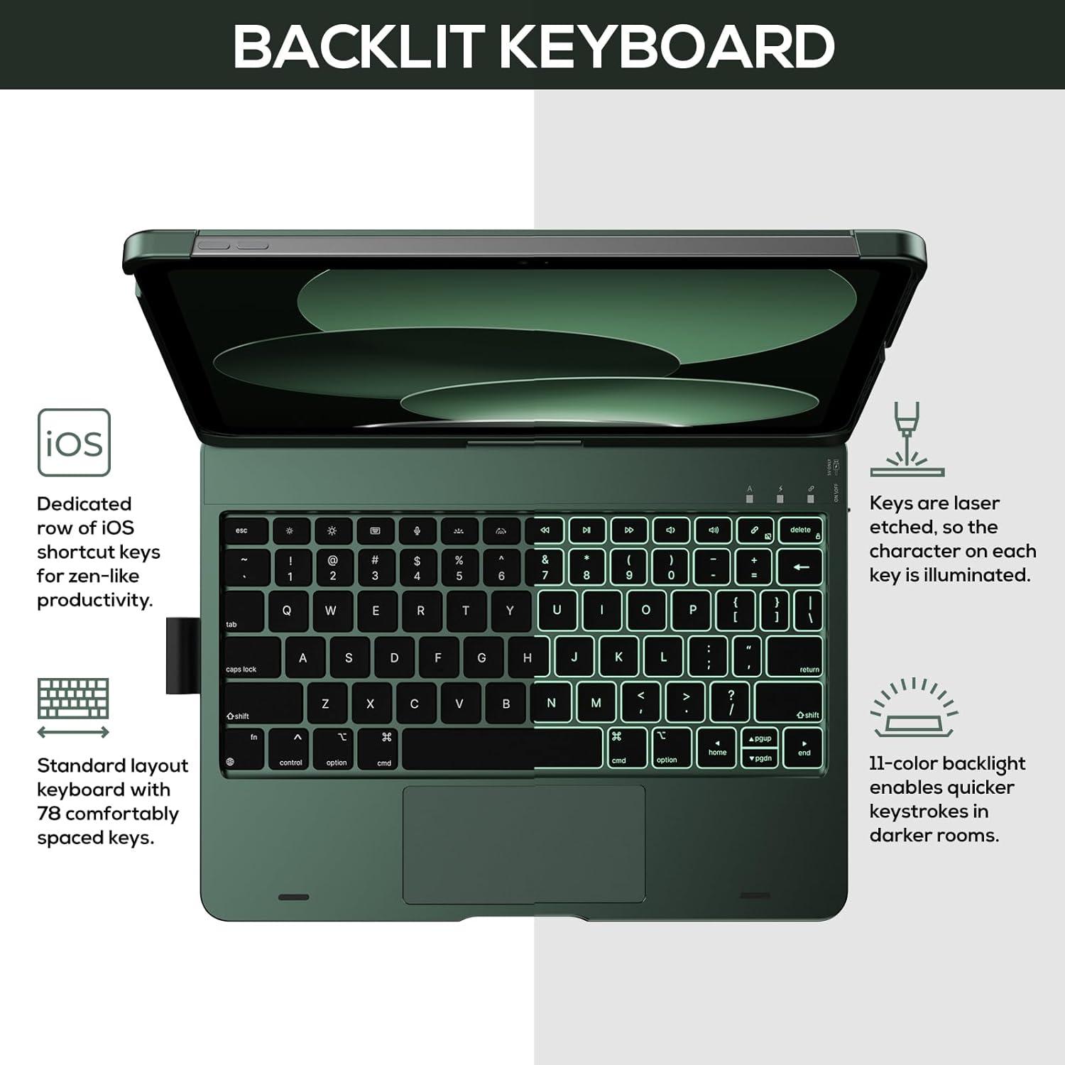 image:imagetypecase Touch iPad 11th 10th Generation Case with Keyboard 11 2025 A16 amp 109 2022  360 Rotatable 11Color Backlit MultiTouch Trackpad Pencil Holder Thin amp Light  Black Dark Midnight Green