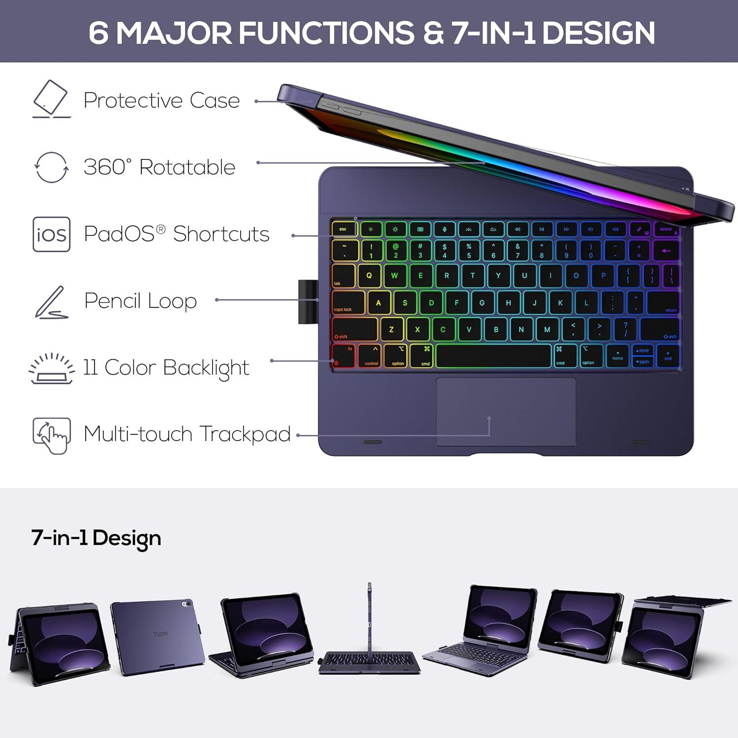 image:imagetypecase Touch iPad 11th 10th Generation Case with Keyboard 11 2025 A16 amp 109 2022  360 Rotatable 11Color Backlit MultiTouch Trackpad Pencil Holder Thin amp Light  Black Midnight Amethyst