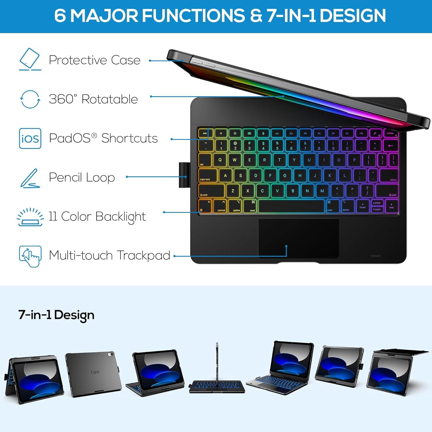 image:imagetypecase Touch iPad 11th 10th Generation Case with Keyboard 11 2025 A16 amp 109 2022  360 Rotatable 11Color Backlit MultiTouch Trackpad Pencil Holder Thin amp Light  BlackBlack