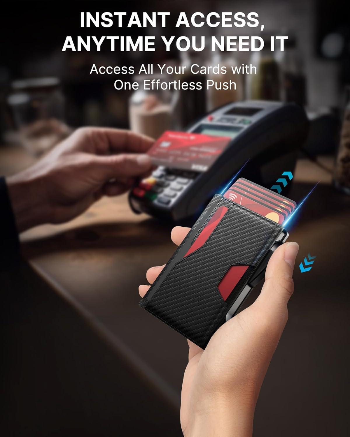 image:imagetypecase Wallet for Men Rfid Blocking Wallet 913 Card Capacity with Money Clip Slim Leather Front Pocket Smart Pop Up Card Case Bifold Minimalist Wallet with Gift Box  Atlanta BlackCarbon Fiber Black