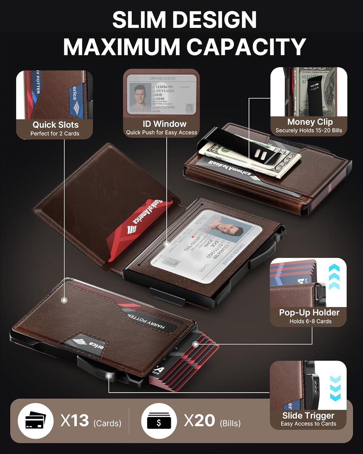 image:imagetypecase Wallet for Men Rfid Blocking Wallet 913 Card Capacity with Money Clip Slim Leather Front Pocket Smart Pop Up Card Case Bifold Minimalist Wallet with Gift Box  Atlanta BlackBrown