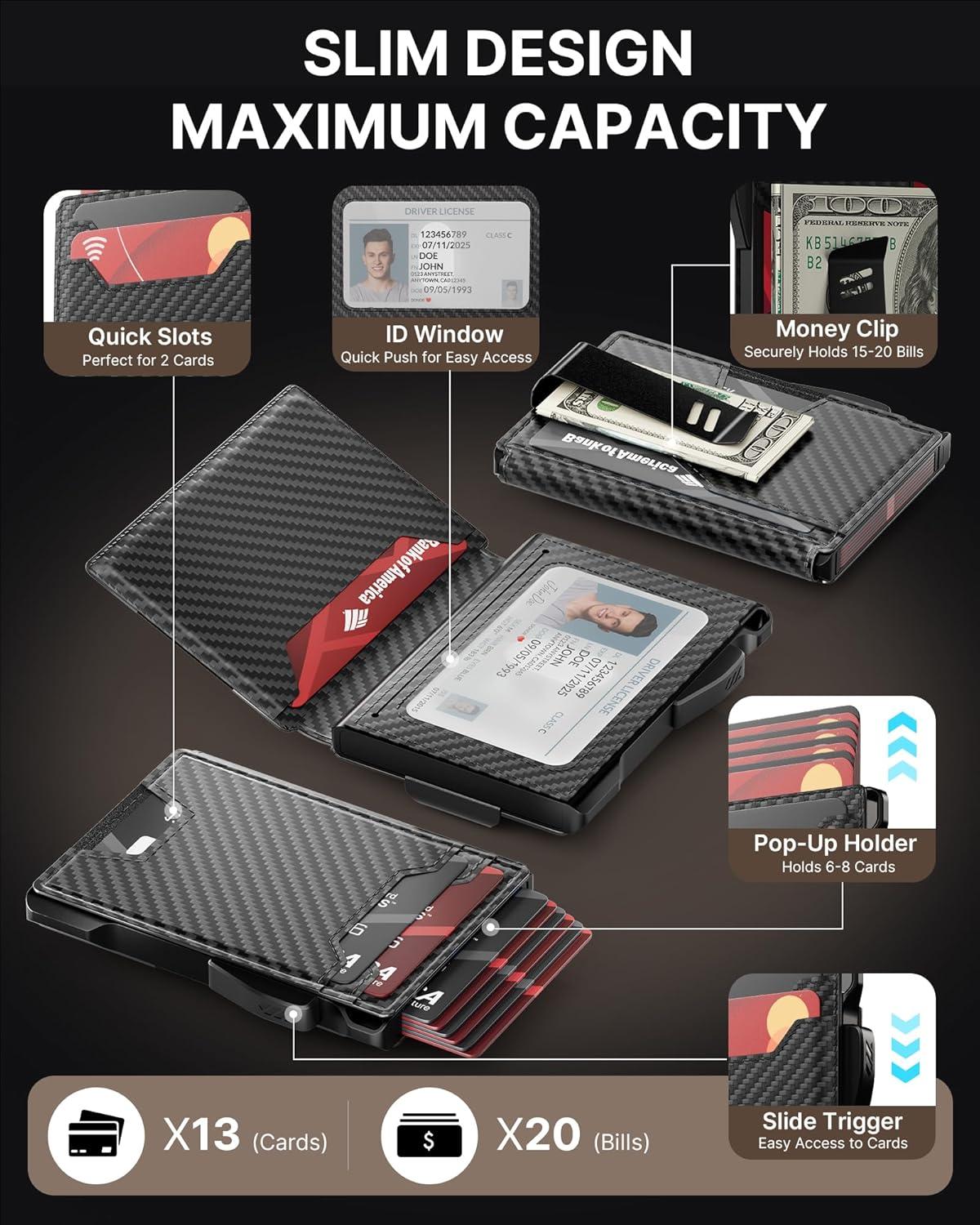 image:imagetypecase Wallet for Men Rfid Blocking Wallet 913 Card Capacity with Money Clip Slim Leather Front Pocket Smart Pop Up Card Case Bifold Minimalist Wallet with Gift Box  Atlanta BlackCarbon Fiber