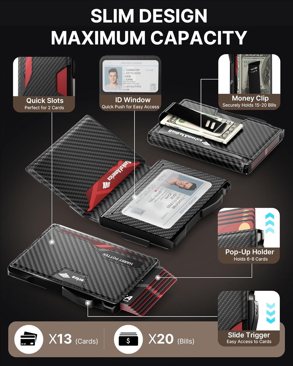 image:imagetypecase Wallet for Men Rfid Blocking Wallet 913 Card Capacity with Money Clip Slim Leather Front Pocket Smart Pop Up Card Case Bifold Minimalist Wallet with Gift Box  Atlanta BlackCarbon Fiber Black