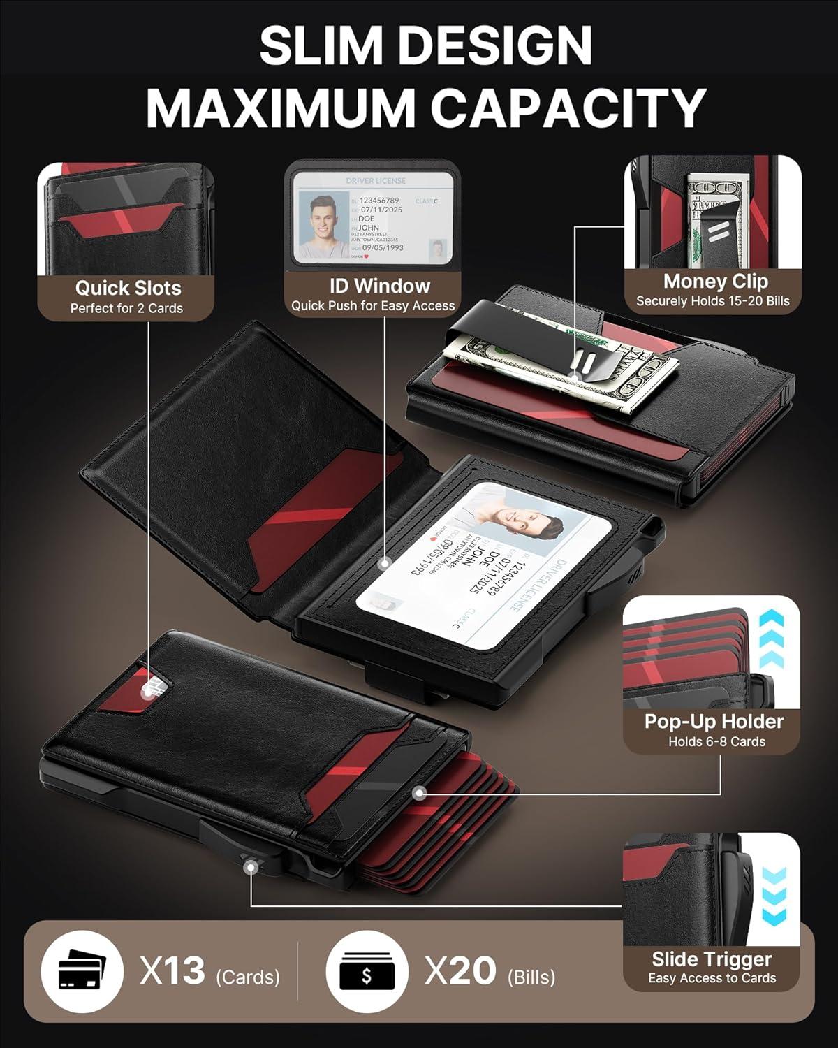 image:imagetypecase Wallet for Men Rfid Blocking Wallet 913 Card Capacity with Money Clip Slim Leather Front Pocket Smart Pop Up Card Case Bifold Minimalist Wallet with Gift Box  Atlanta BlackAlaska Black