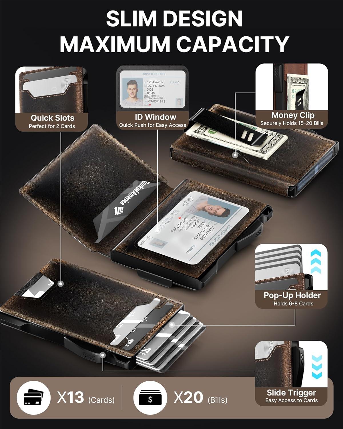 image:imagetypecase Wallet for Men Rfid Blocking Wallet 913 Card Capacity with Money Clip Slim Leather Front Pocket Smart Pop Up Card Case Bifold Minimalist Wallet with Gift Box  Atlanta BlackBurnished Black