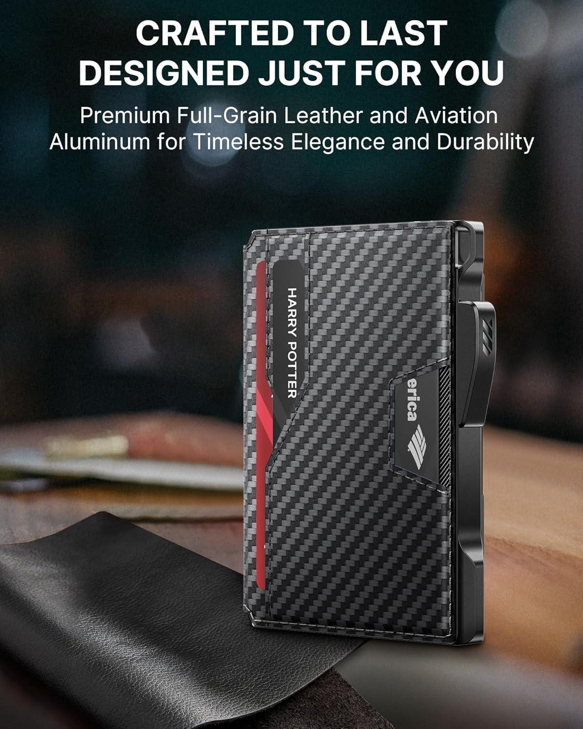 image:imagetypecase Wallet for Men Rfid Blocking Wallet 913 Card Capacity with Money Clip Slim Leather Front Pocket Smart Pop Up Card Case Bifold Minimalist Wallet with Gift Box  Atlanta BlackCarbon Fiber Black