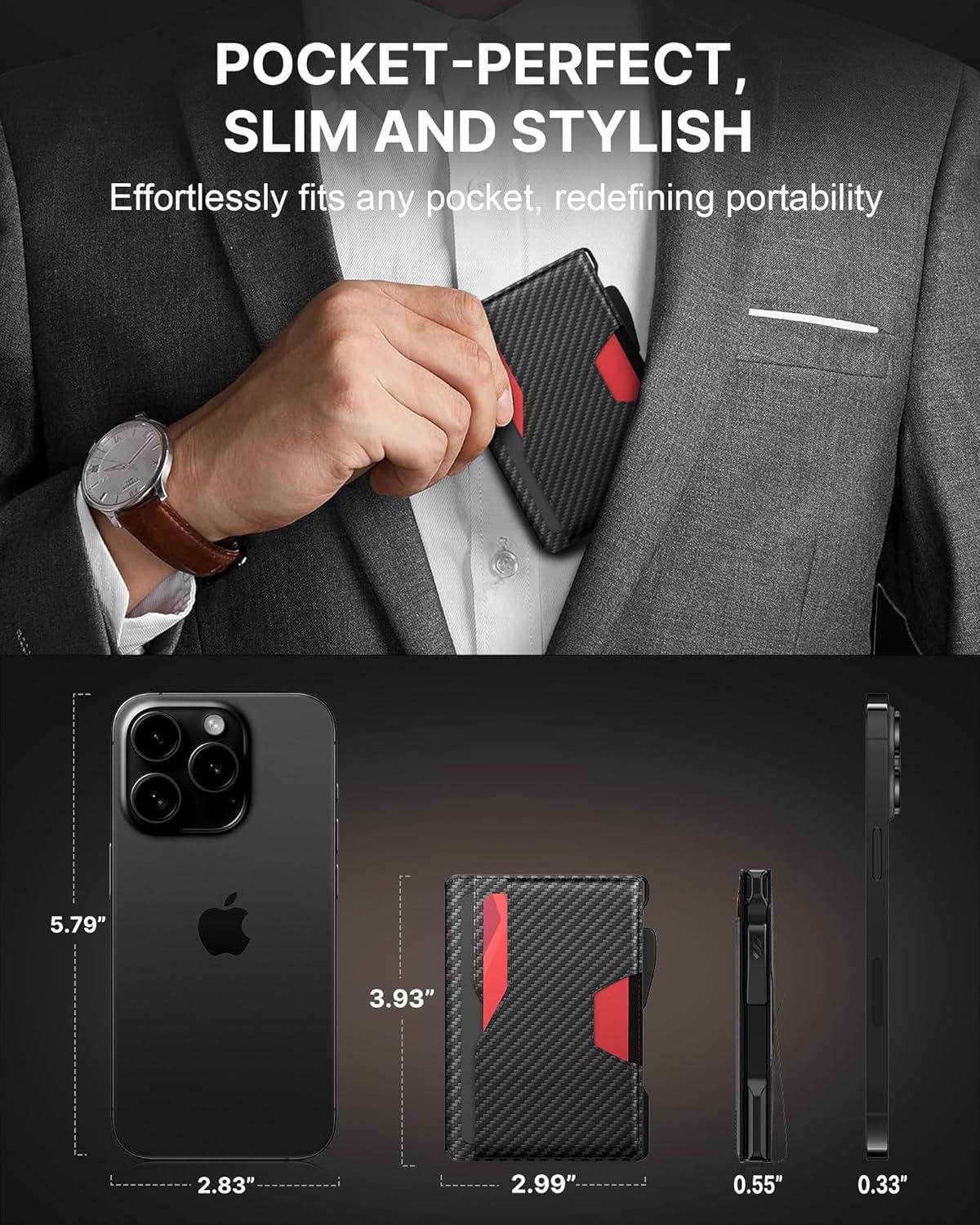 image:imagetypecase Wallet for Men Rfid Blocking Wallet 913 Card Capacity with Money Clip Slim Leather Front Pocket Smart Pop Up Card Case Bifold Minimalist Wallet with Gift Box  Atlanta BlackCarbon Fiber Black