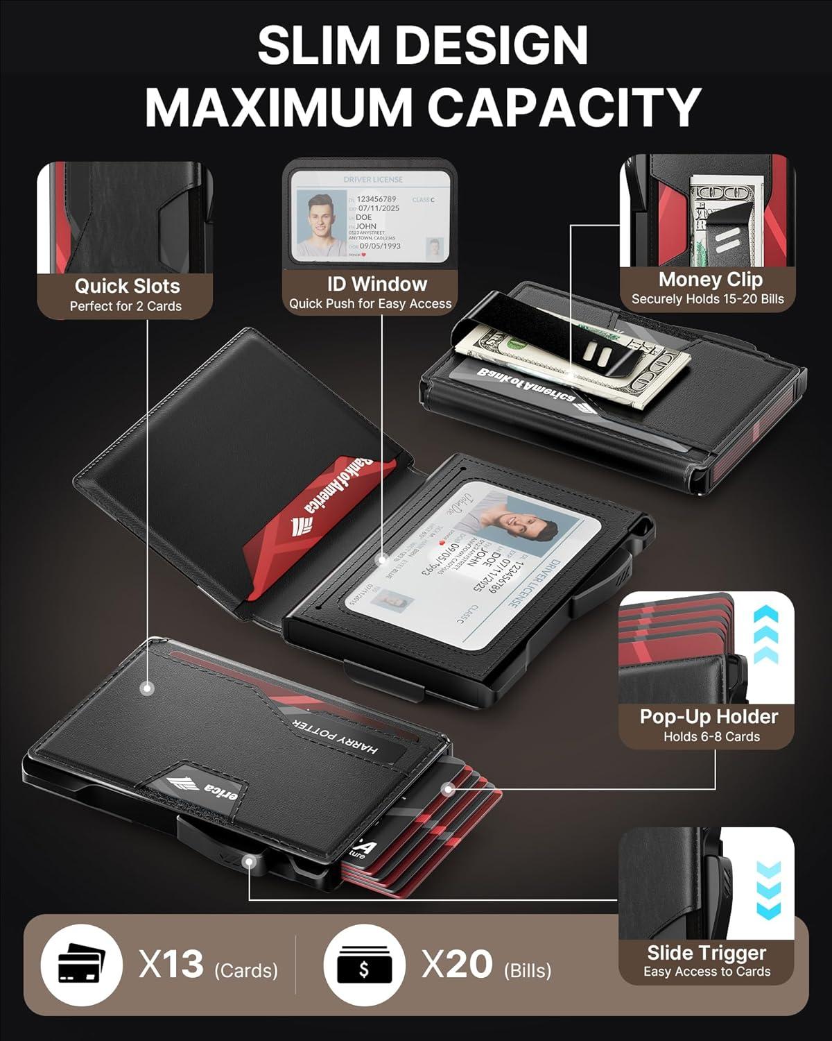 image:imagetypecase Wallet for Men Rfid Blocking Wallet 913 Card Capacity with Money Clip Slim Leather Front Pocket Smart Pop Up Card Case Bifold Minimalist Wallet with Gift Box  Atlanta BlackBlack