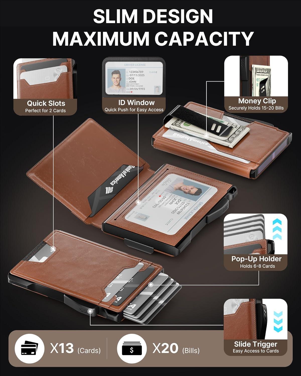 image:imagetypecase Wallet for Men Rfid Blocking Wallet 913 Card Capacity with Money Clip Slim Leather Front Pocket Smart Pop Up Card Case Bifold Minimalist Wallet with Gift Box  Atlanta BlackLight Brown