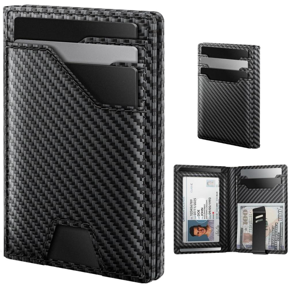 image:imagetypecase Leather Wallet for Men Card Holder Premium Genuine Leather RFID Blocking Slim Minimalist Front Pocket  15 Cards Capacity  ID Window  Money Clip Deep BrownCarbon Fiber Black