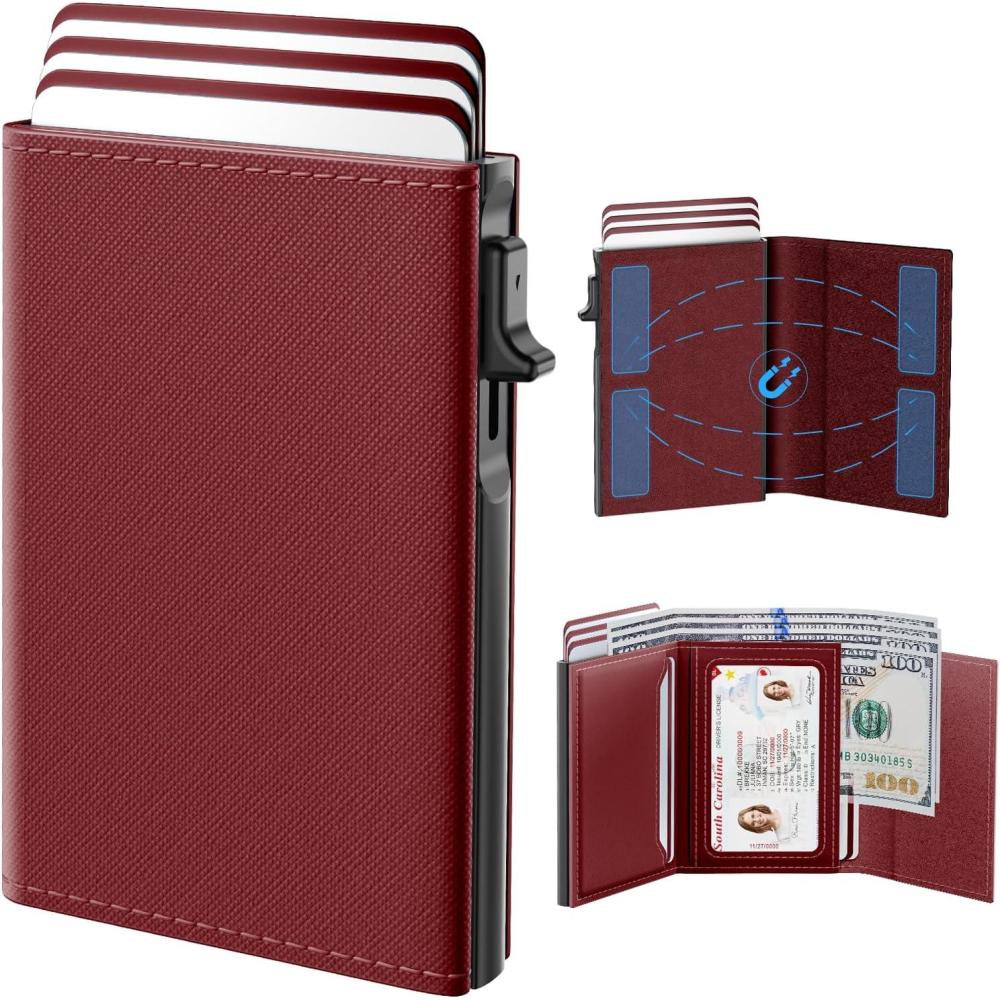 image:imagetypecase Womens Wallet Card Holder Pop Up Card Case Genuine Leather RFID Blocking Slim Minimalist Thin Small Size  914 Card Capacitiy ID Window Cash Pocket Sage GreenMerlot Red