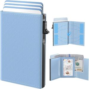 typecase Womens Wallet Card Holder: Pop Up Card Case, Genuine Leather, RFID Blocking, Slim, Minimalist, Thin, Small Size – 9-14 Card Capacitiy, ID Window, Cash Pocket (Sage Green)(Smart Cobalt)