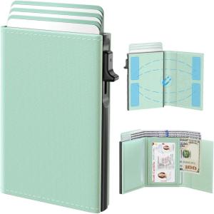 typecase Womens Wallet Card Holder: Pop Up Card Case, Genuine Leather, RFID Blocking, Slim, Minimalist, Thin, Small Size – 9-14 Card Capacitiy, ID Window, Cash Pocket (Sage Green)(Sage Green)