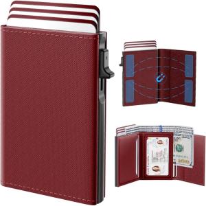 typecase Womens Wallet Card Holder: Pop Up Card Case, Genuine Leather, RFID Blocking, Slim, Minimalist, Thin, Small Size – 9-14 Card Capacitiy, ID Window, Cash Pocket (Sage Green)(Merlot Red)