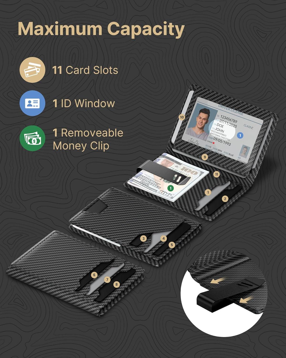 image:imagetypecase Leather Wallet for Men Card Holder Premium Genuine Leather RFID Blocking Slim Minimalist Front Pocket  15 Cards Capacity  ID Window  Money Clip Deep BrownCarbon Fiber Black