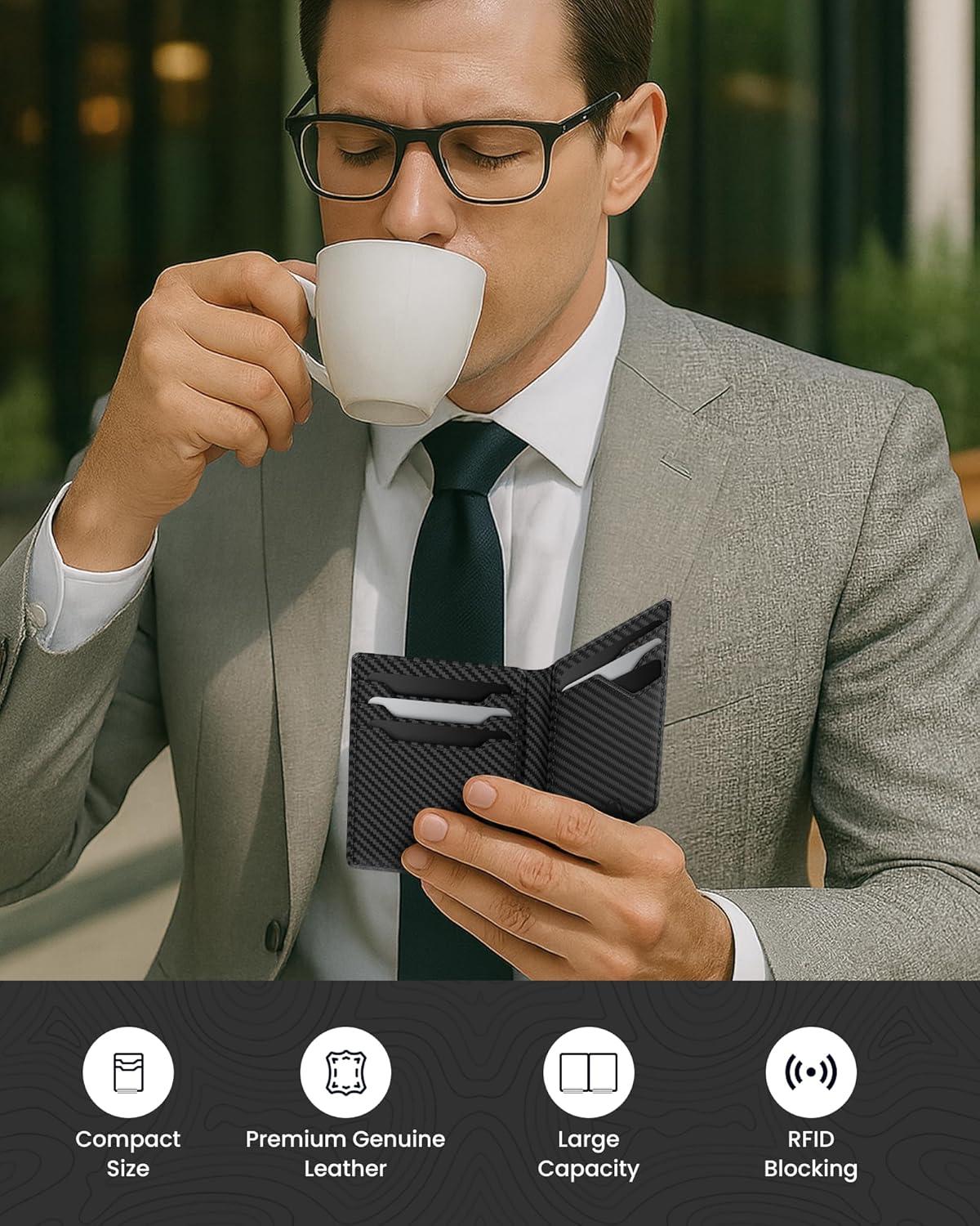 image:imagetypecase Leather Wallet for Men Card Holder Premium Genuine Leather RFID Blocking Slim Minimalist Front Pocket  15 Cards Capacity  ID Window  Money Clip Deep BrownCarbon Fiber Black