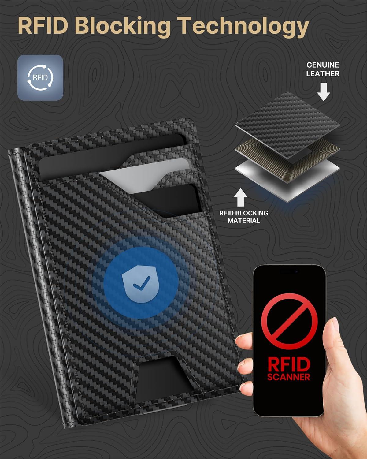 image:imagetypecase Leather Wallet for Men Card Holder Premium Genuine Leather RFID Blocking Slim Minimalist Front Pocket  15 Cards Capacity  ID Window  Money Clip Deep BrownCarbon Fiber Black