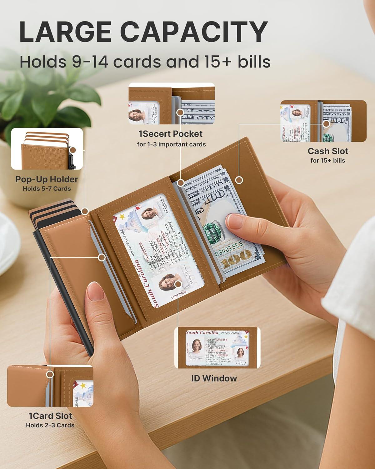 image:imagetypecase Womens Wallet Card Holder Pop Up Card Case Genuine Leather RFID Blocking Slim Minimalist Thin Small Size  914 Card Capacitiy ID Window Cash Pocket Sage GreenCaramel Tan