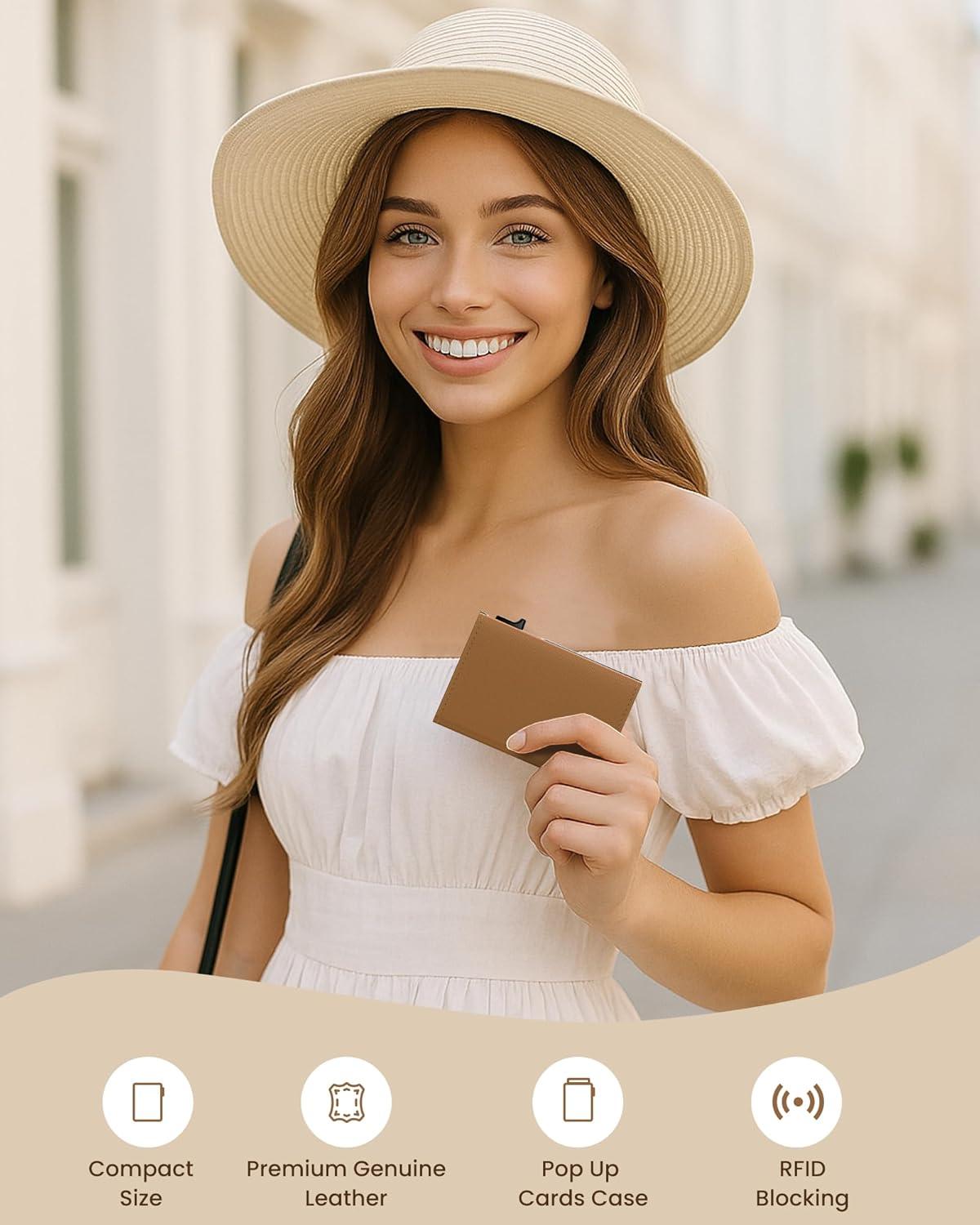 image:imagetypecase Womens Wallet Card Holder Pop Up Card Case Genuine Leather RFID Blocking Slim Minimalist Thin Small Size  914 Card Capacitiy ID Window Cash Pocket Sage GreenCaramel Tan