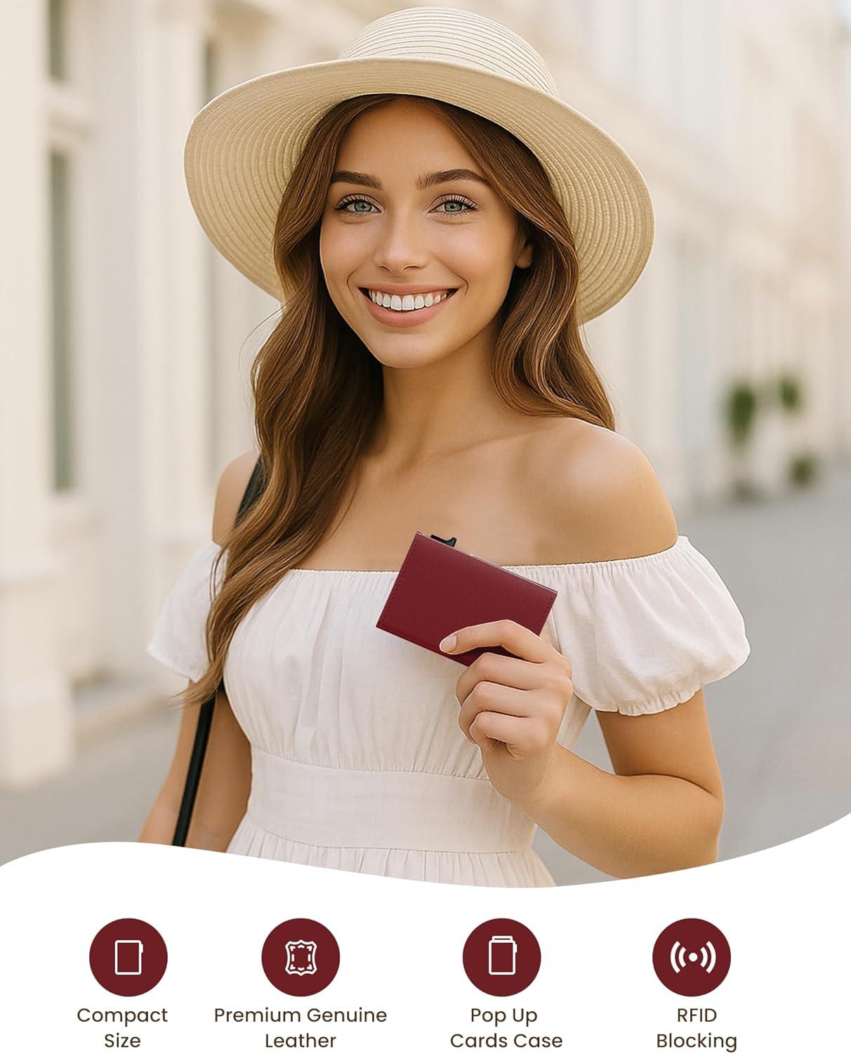 image:imagetypecase Womens Wallet Card Holder Pop Up Card Case Genuine Leather RFID Blocking Slim Minimalist Thin Small Size  914 Card Capacitiy ID Window Cash Pocket Sage GreenMerlot Red