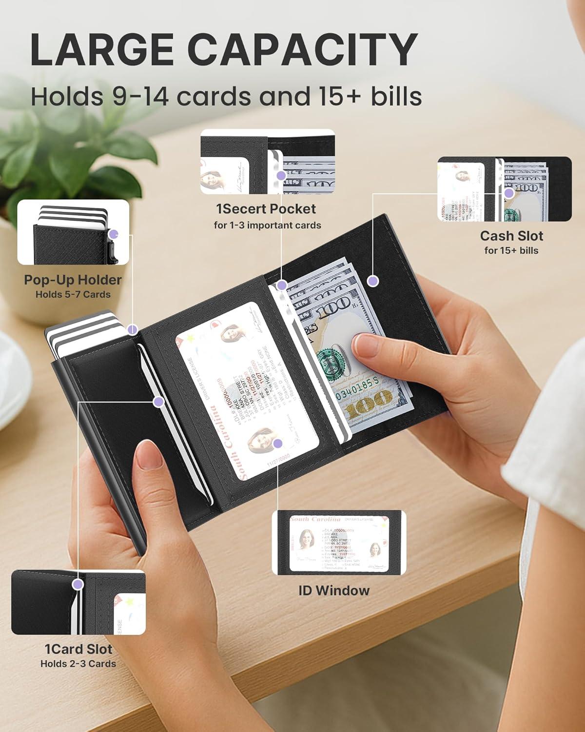 image:imagetypecase Womens Wallet Card Holder Pop Up Card Case Genuine Leather RFID Blocking Slim Minimalist Thin Small Size  914 Card Capacitiy ID Window Cash Pocket Sage GreenOnyx Noir