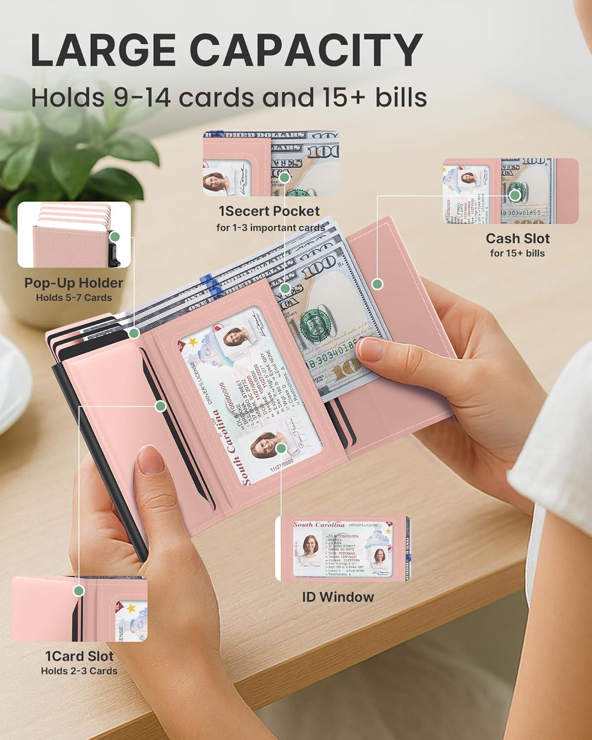 image:imagetypecase Womens Wallet Card Holder Pop Up Card Case Genuine Leather RFID Blocking Slim Minimalist Thin Small Size  914 Card Capacitiy ID Window Cash Pocket Sage GreenBlush Pink