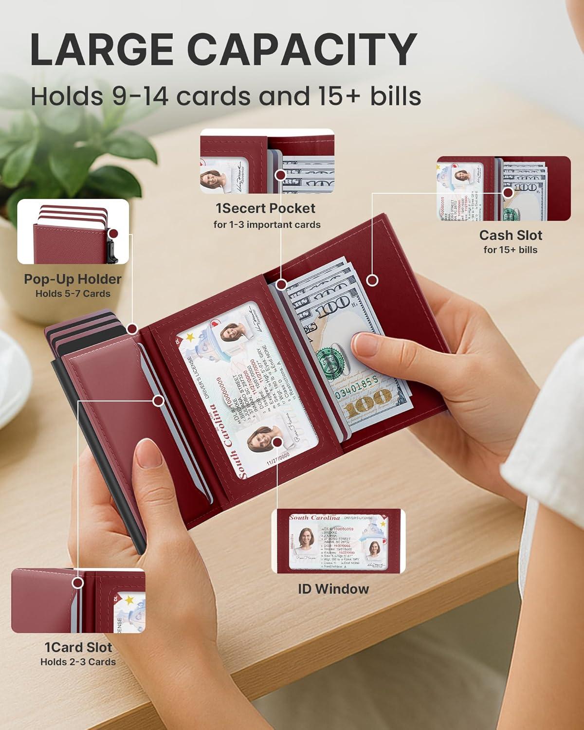 image:imagetypecase Womens Wallet Card Holder Pop Up Card Case Genuine Leather RFID Blocking Slim Minimalist Thin Small Size  914 Card Capacitiy ID Window Cash Pocket Sage GreenMerlot Red