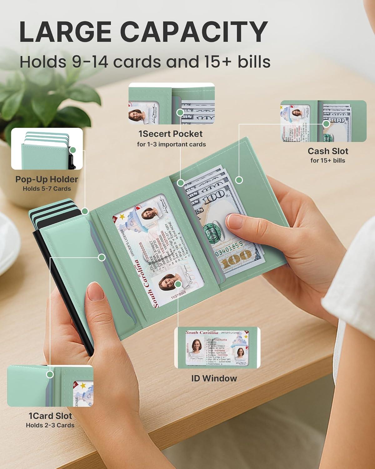 image:imagetypecase Womens Wallet Card Holder Pop Up Card Case Genuine Leather RFID Blocking Slim Minimalist Thin Small Size  914 Card Capacitiy ID Window Cash Pocket Sage GreenSage Green