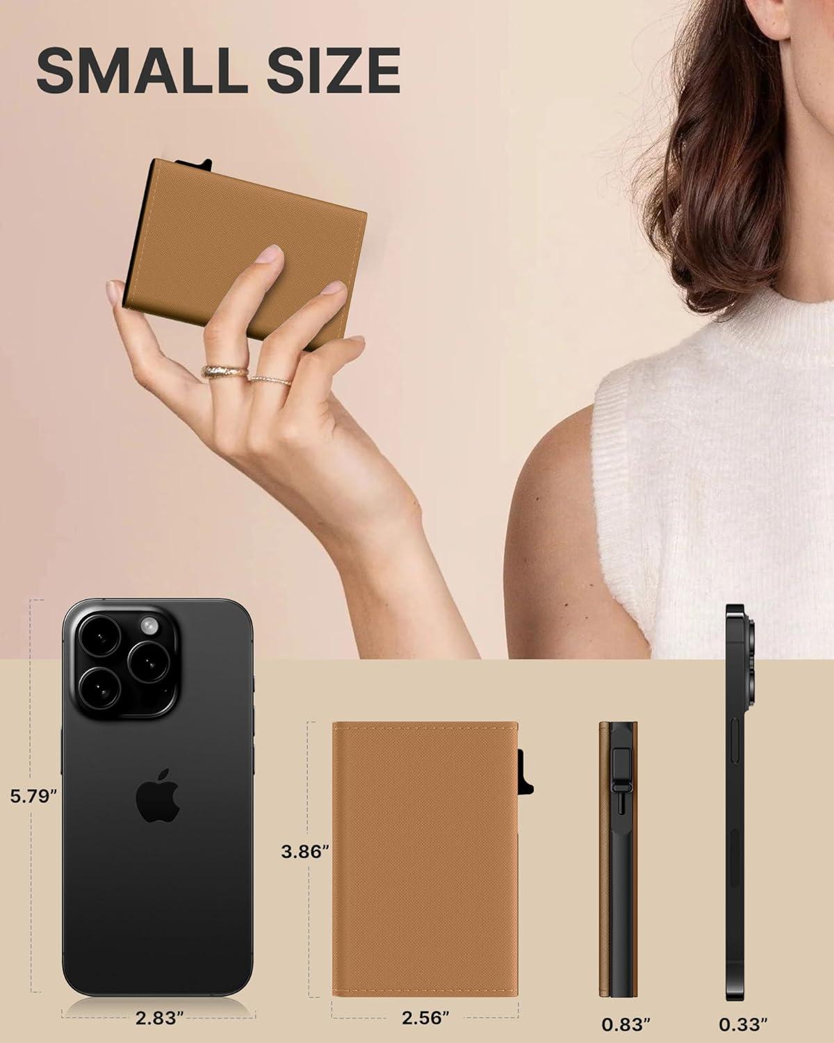 image:imagetypecase Womens Wallet Card Holder Pop Up Card Case Genuine Leather RFID Blocking Slim Minimalist Thin Small Size  914 Card Capacitiy ID Window Cash Pocket Sage GreenCaramel Tan