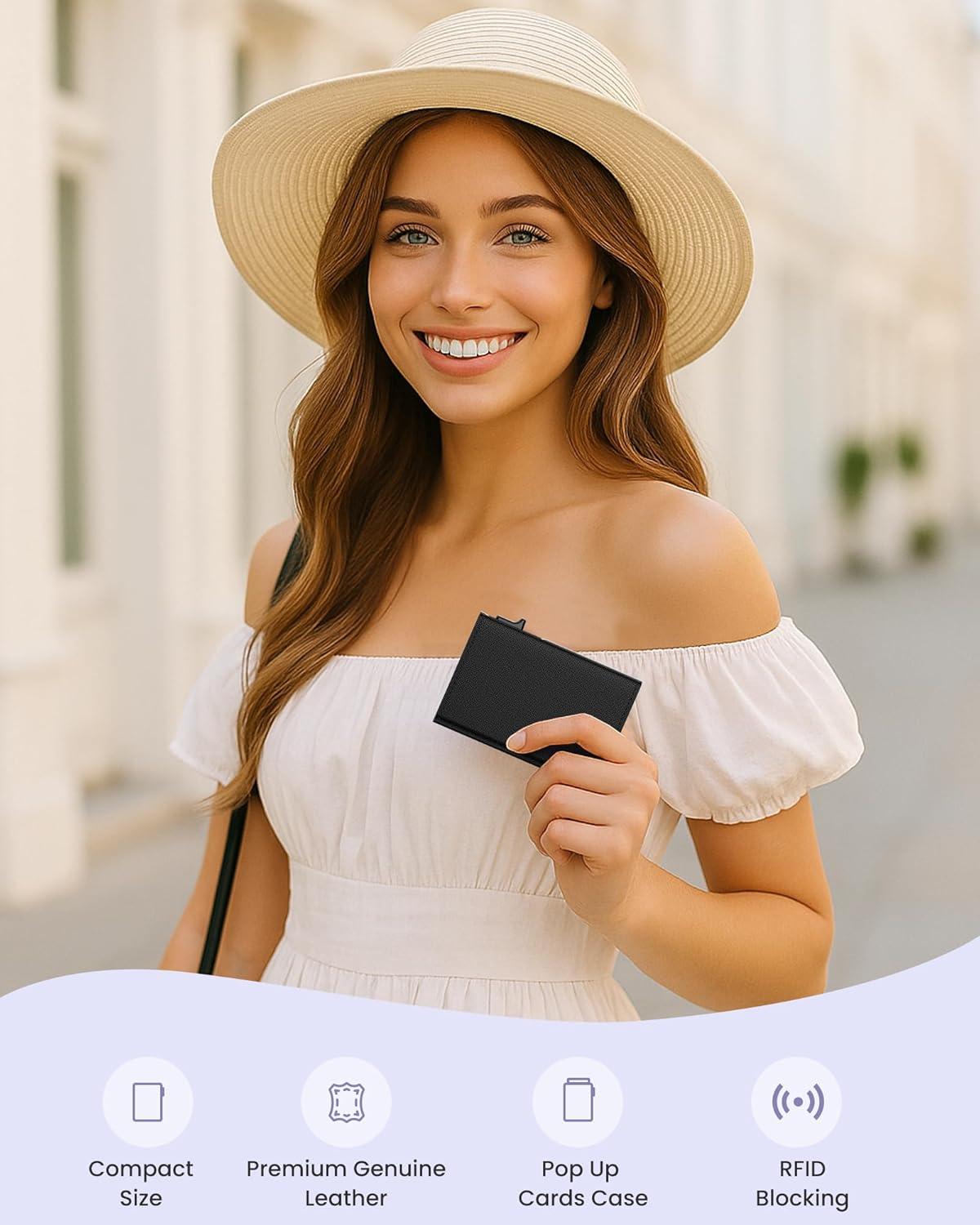 image:imagetypecase Womens Wallet Card Holder Pop Up Card Case Genuine Leather RFID Blocking Slim Minimalist Thin Small Size  914 Card Capacitiy ID Window Cash Pocket Sage GreenOnyx Noir