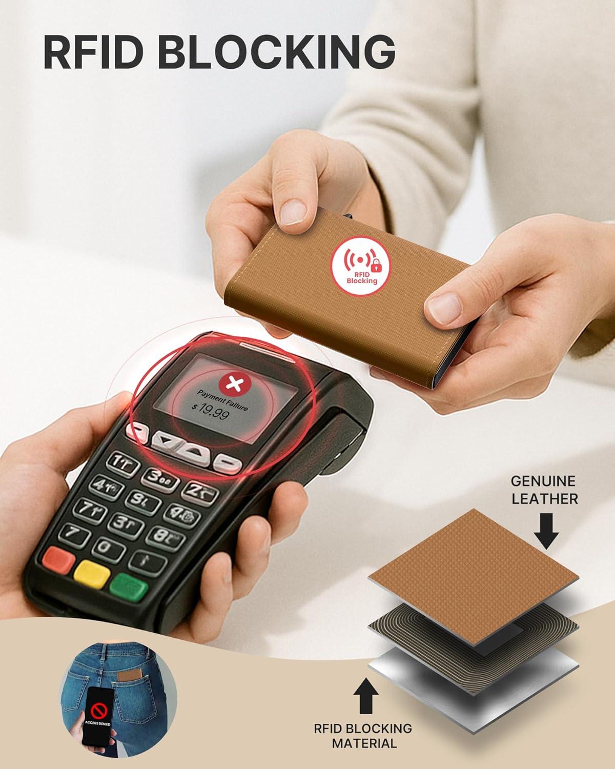 image:imagetypecase Womens Wallet Card Holder Pop Up Card Case Genuine Leather RFID Blocking Slim Minimalist Thin Small Size  914 Card Capacitiy ID Window Cash Pocket Sage GreenCaramel Tan