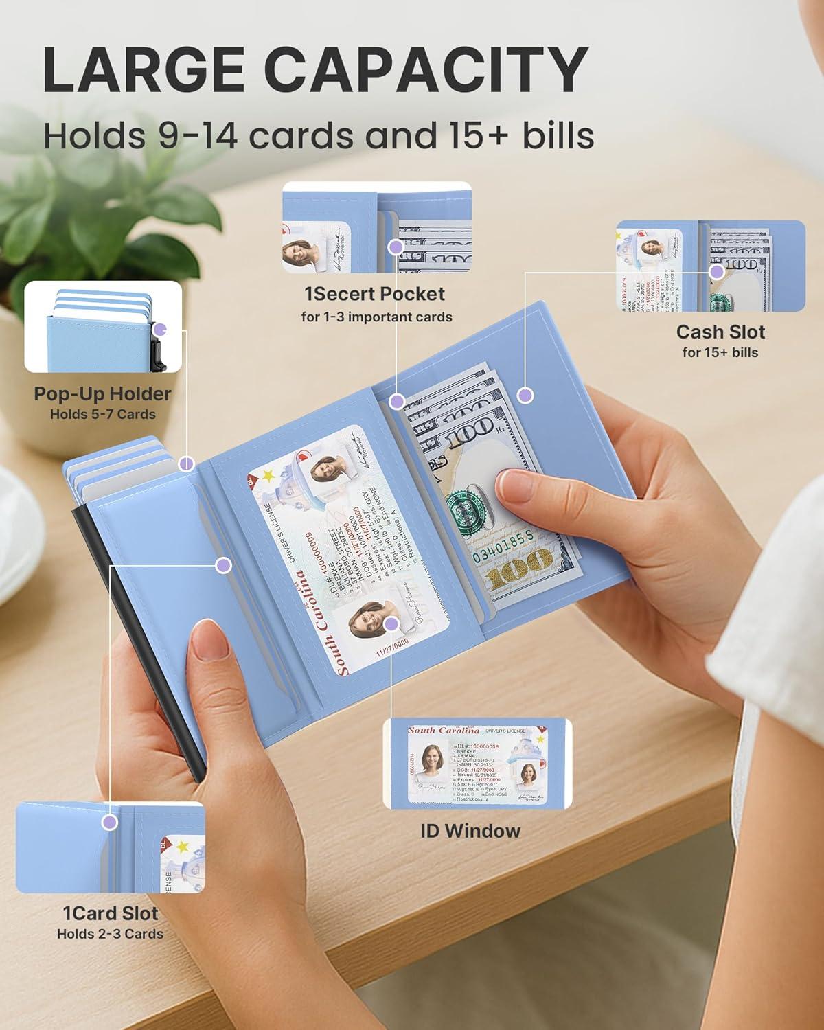 image:imagetypecase Womens Wallet Card Holder Pop Up Card Case Genuine Leather RFID Blocking Slim Minimalist Thin Small Size  914 Card Capacitiy ID Window Cash Pocket Sage GreenSmart Cobalt