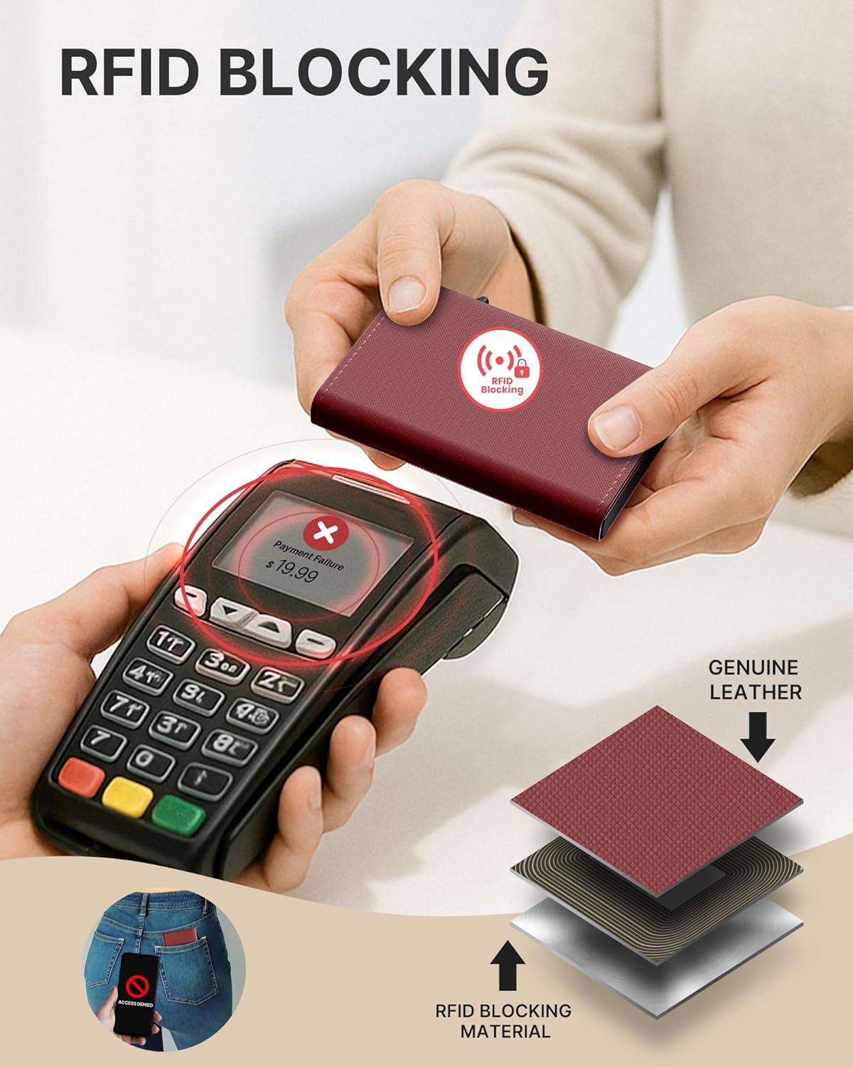 image:imagetypecase Womens Wallet Card Holder Pop Up Card Case Genuine Leather RFID Blocking Slim Minimalist Thin Small Size  914 Card Capacitiy ID Window Cash Pocket Sage GreenMerlot Red
