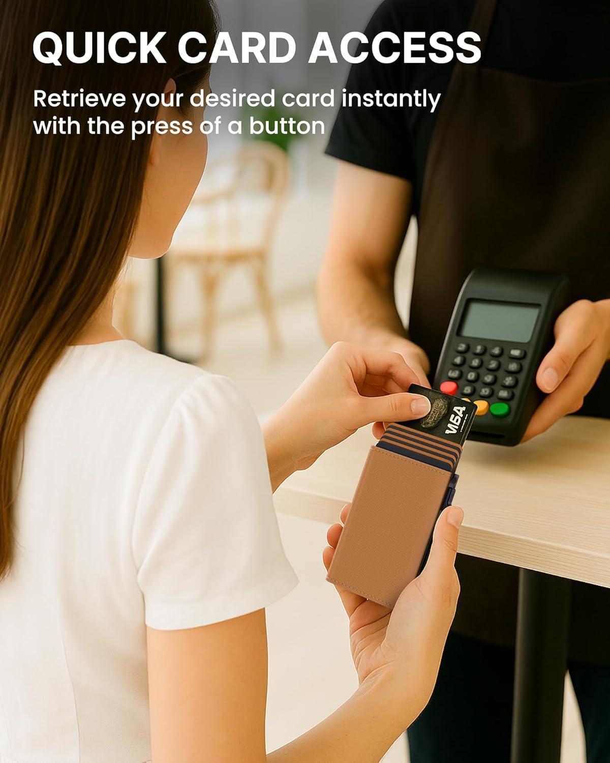 image:imagetypecase Womens Wallet Card Holder Pop Up Card Case Genuine Leather RFID Blocking Slim Minimalist Thin Small Size  914 Card Capacitiy ID Window Cash Pocket Sage GreenCaramel Tan