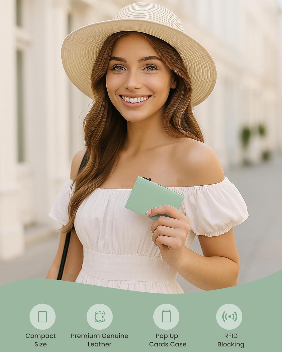 image:imagetypecase Womens Wallet Card Holder Pop Up Card Case Genuine Leather RFID Blocking Slim Minimalist Thin Small Size  914 Card Capacitiy ID Window Cash Pocket Sage GreenSage Green