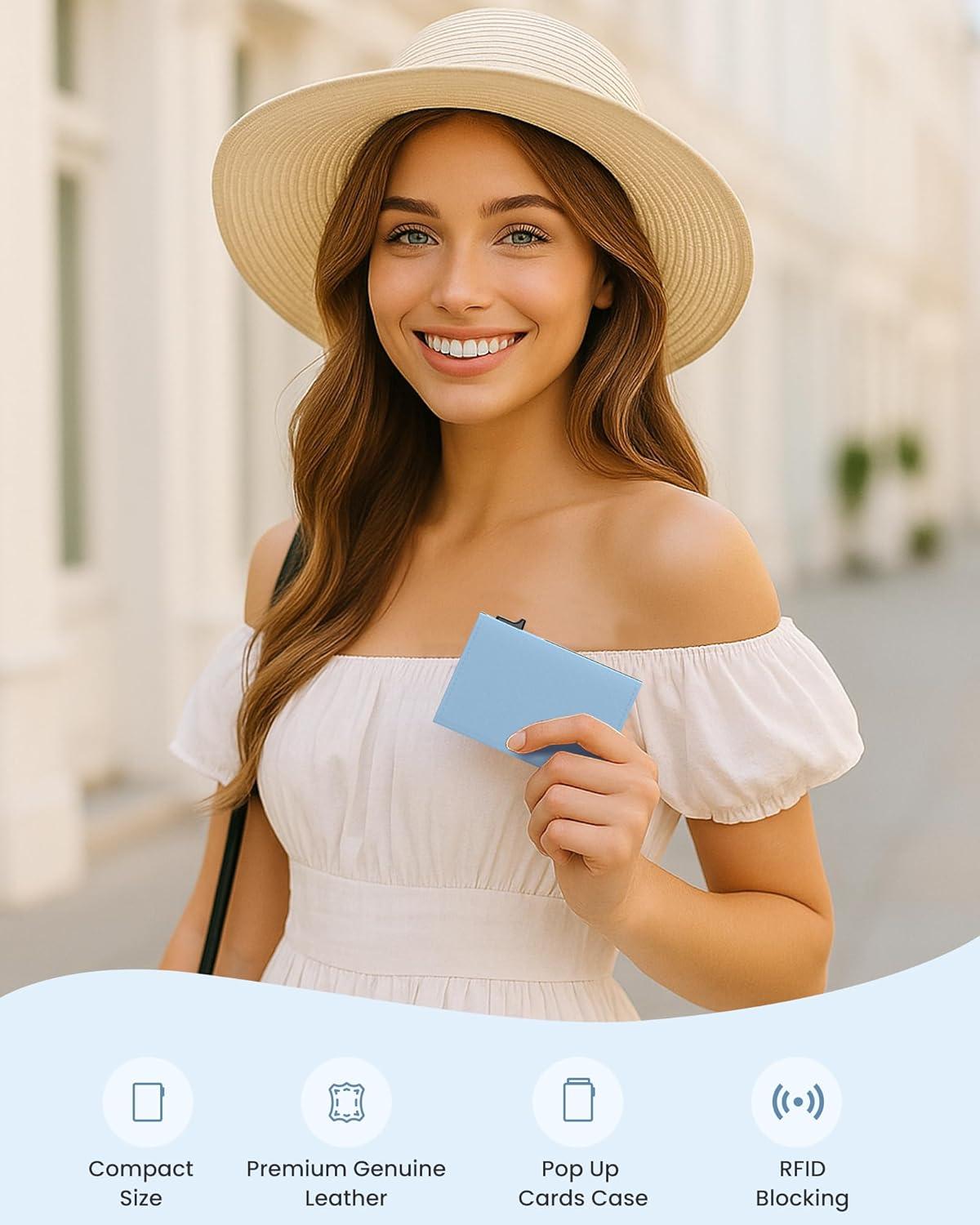 image:imagetypecase Womens Wallet Card Holder Pop Up Card Case Genuine Leather RFID Blocking Slim Minimalist Thin Small Size  914 Card Capacitiy ID Window Cash Pocket Sage GreenSmart Cobalt