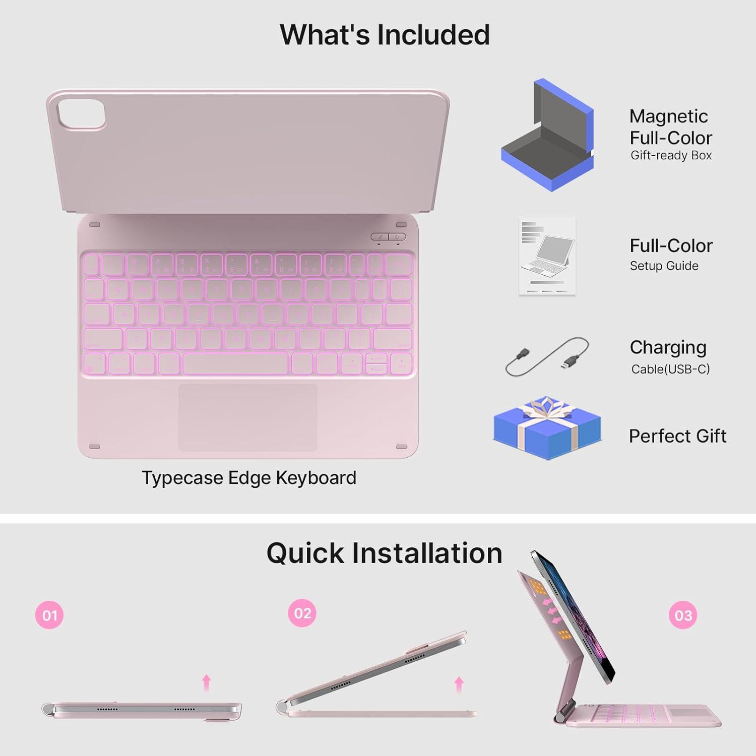 image:imagetypecase Edge Keyboard Case for iPad Air 11inchM4M3M2 202620252024 iPad Pro 11 4th3rd2nd1st Gen amp iPad Air 109 54th Gen MultiTouch Trackpad 11Color Backlight RaspberryPink