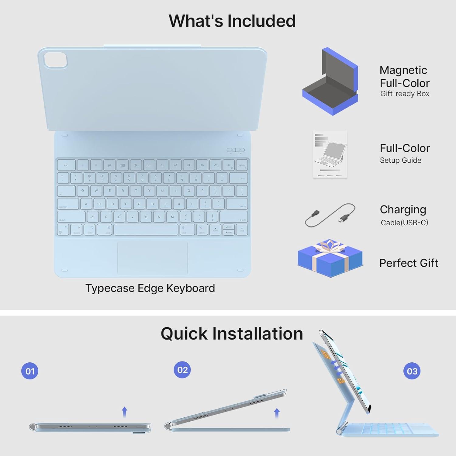 image:imagetypecase Edge Keyboard Case for iPad Air 11inchM4M3M2 202620252024 iPad Pro 11 4th3rd2nd1st Gen amp iPad Air 109 54th Gen MultiTouch Trackpad 11Color Backlight RaspberryLight Blue