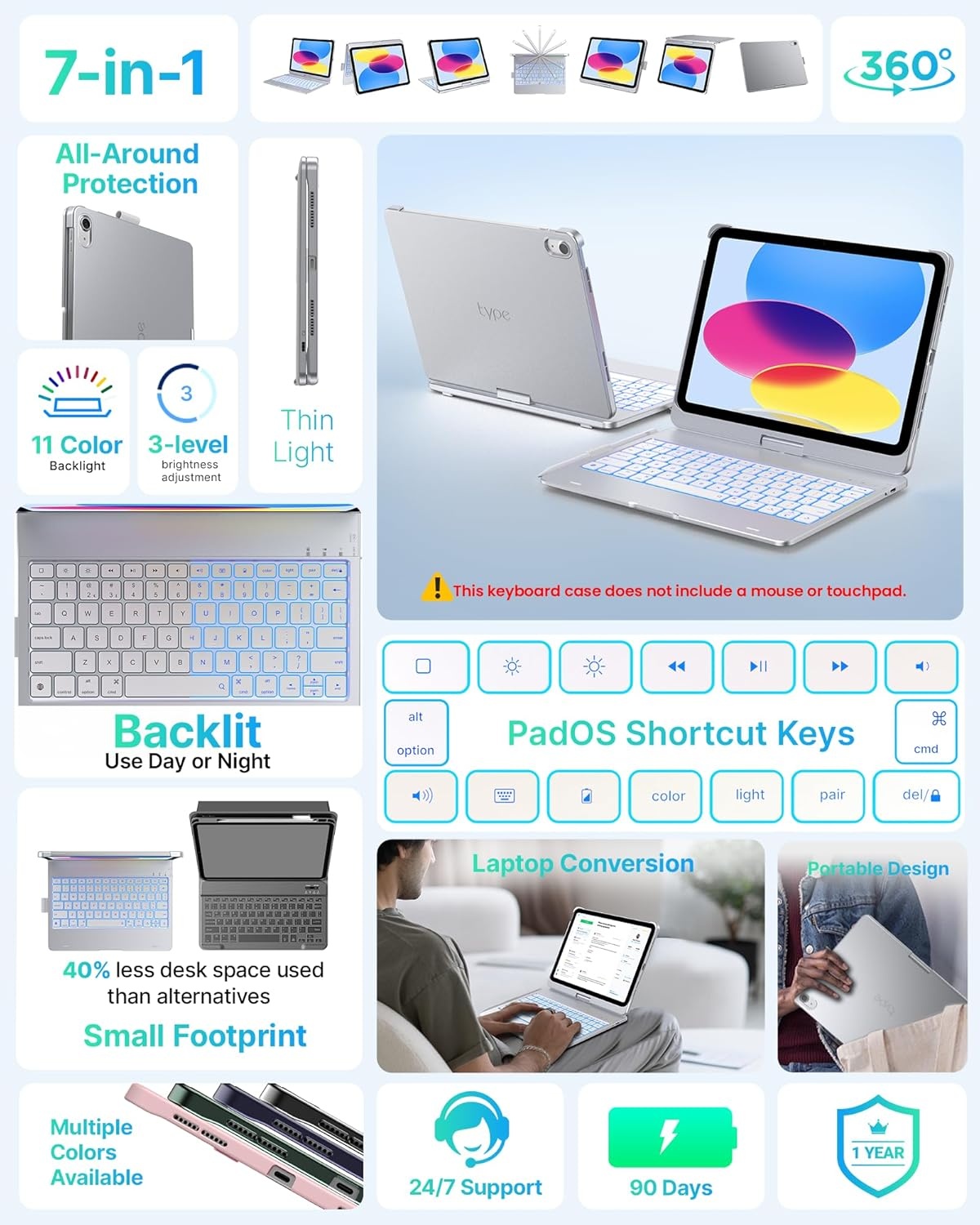 image:imagetypecase Flexbook Keyboard Case for iPad 11th A16 2025 and iPad 10th Gen 109 2022  No Trackpad 11Color Backlight 360 Rotatable 7 Use Modes Thin amp Lightweight  Light PinkSilver