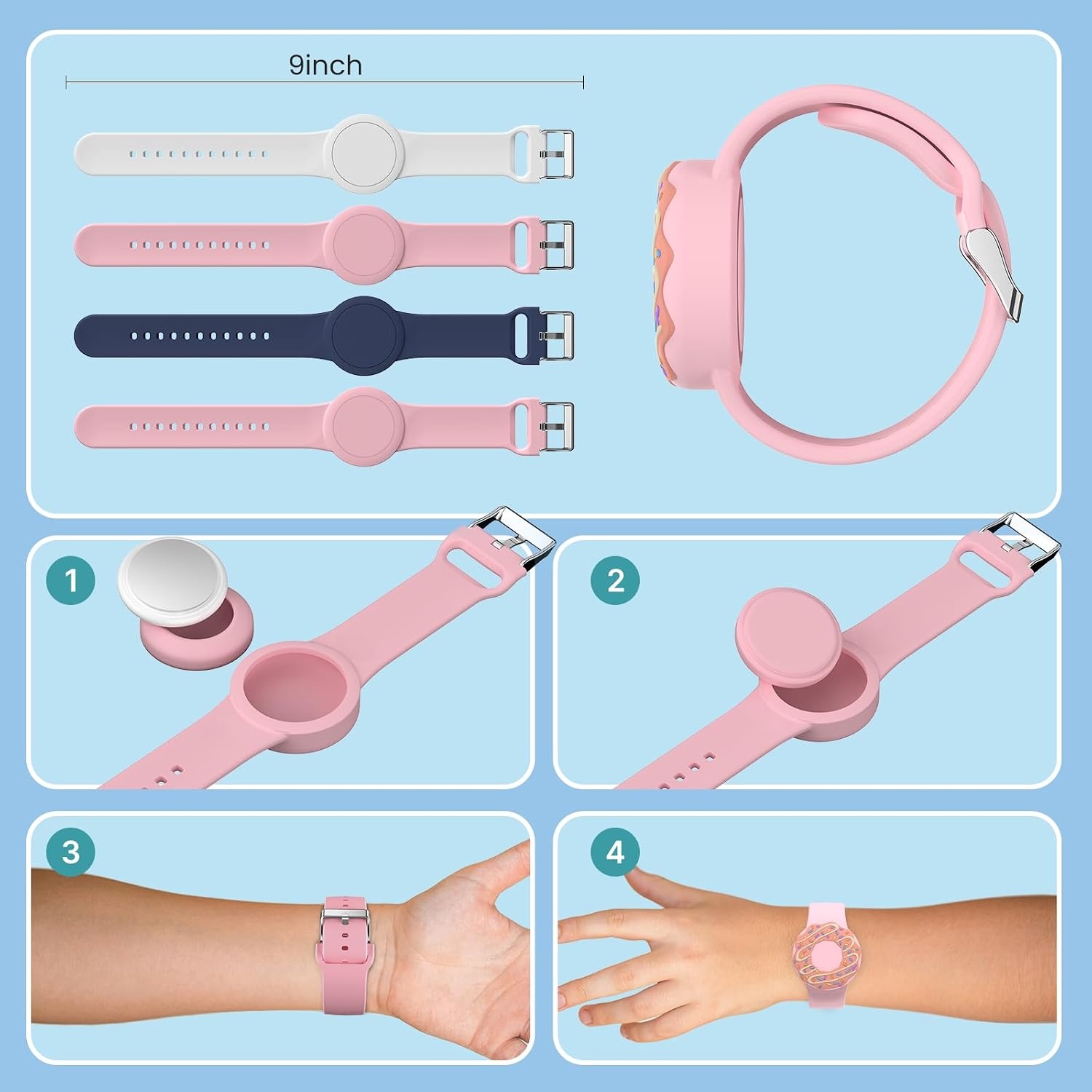 image:imageWaterproof Air tag Bracelets for Kids 2 Pack Soft Silicone Hidden Air tag Wristband Lightweight GPS Tracker Holder Compatible with Apple Airtag Band for Child WhiteDark BlueLight OrangeDark Blue