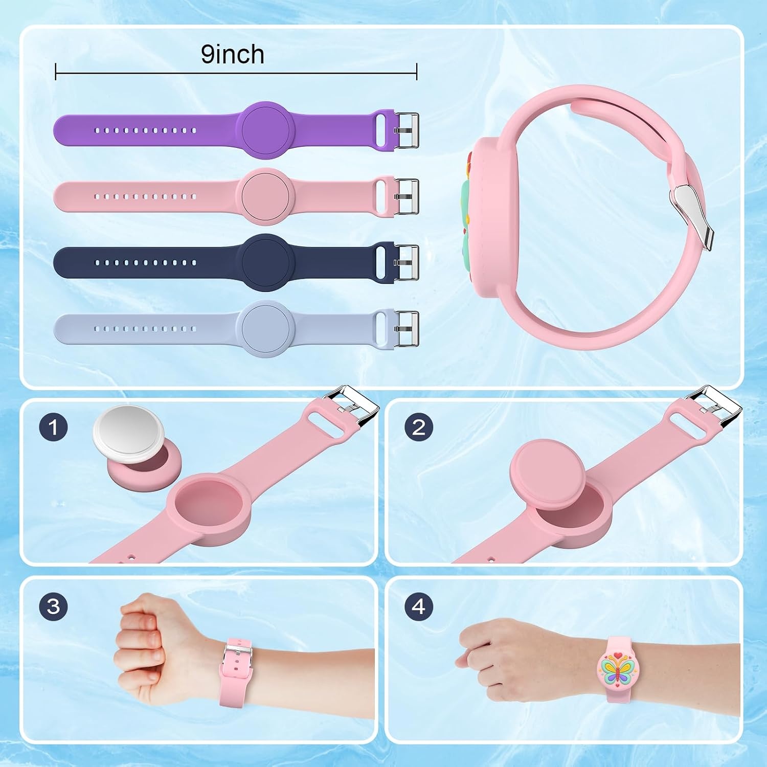 image:imageWaterproof Air tag Bracelets for Kids 2 Pack Soft Silicone Hidden Air tag Wristband Lightweight GPS Tracker Holder Compatible with Apple Airtag Band for Child WhiteDark BluePinkPurple
