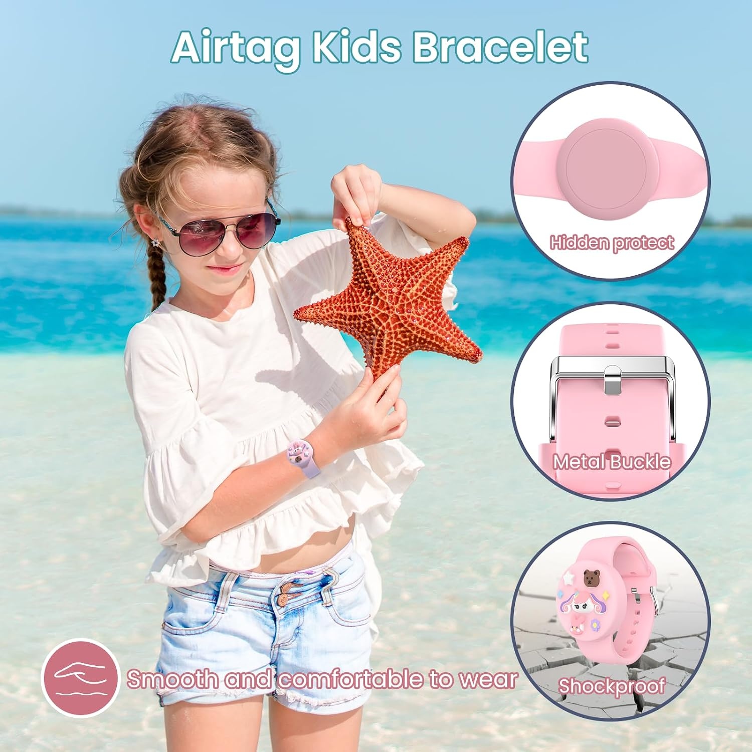 image:imageWaterproof Air tag Bracelets for Kids 2 Pack Soft Silicone Hidden Air tag Wristband Lightweight GPS Tracker Holder Compatible with Apple Airtag Band for Child WhiteDark BluePinkWhite
